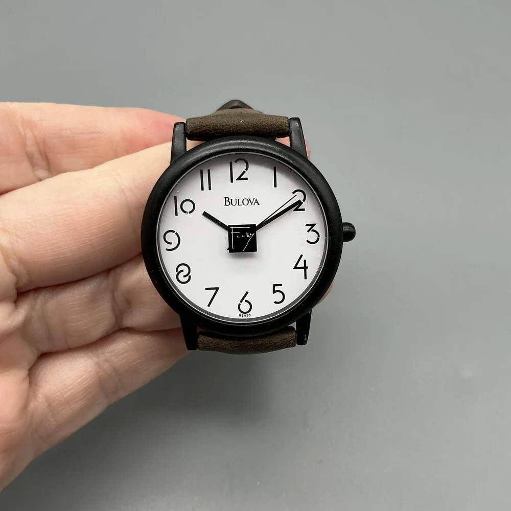 Bulova Frank Lloyd Mens Watch 35mm Black Case Leather Strap New Battery